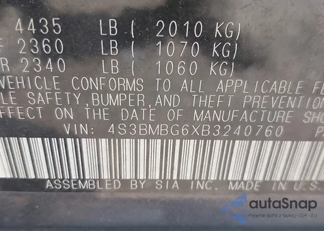 2011 Subaru Legacy 2.5I Premium z USA, uszkodzony, nr VIN 4S3BMBG6XB3240760